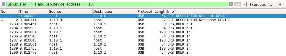 screenshot of captured communication in wireshark